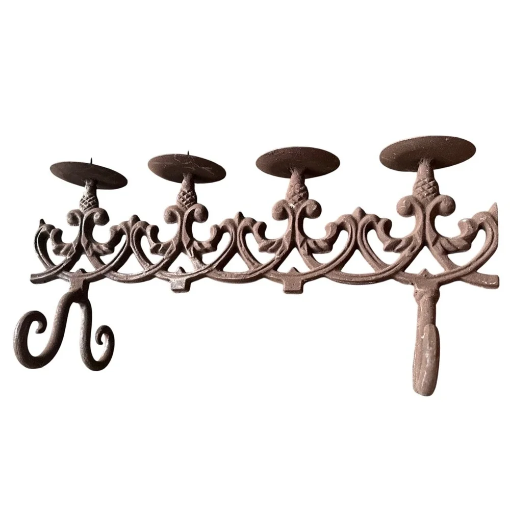Vintage Cast Iron 4-Light Candelabra Scroll Work Rustic Brown Candle Holder 17in